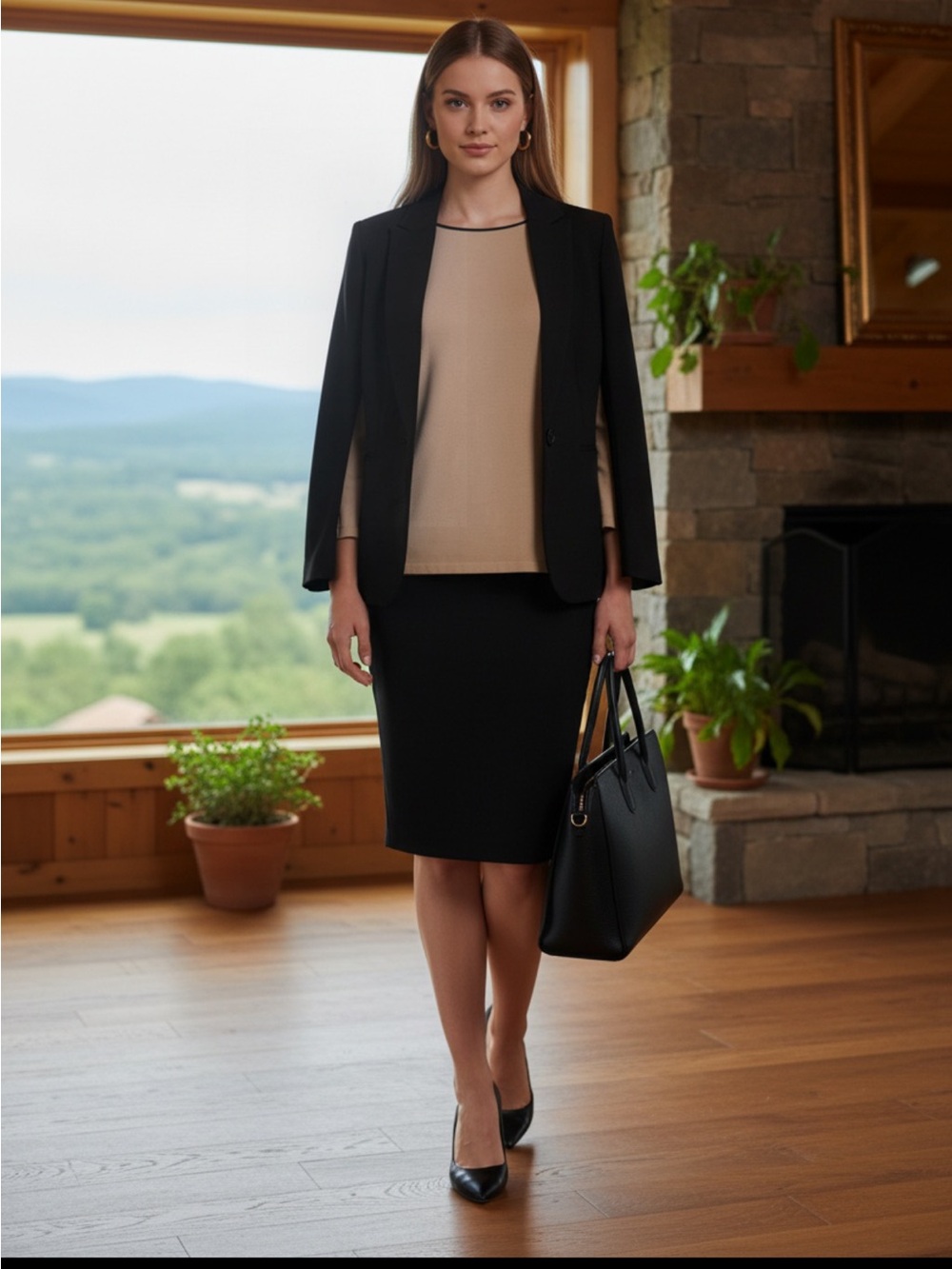Kasper Beige/Tan accented with  lack Trim around Neck Black Down 3/4 Sleevex